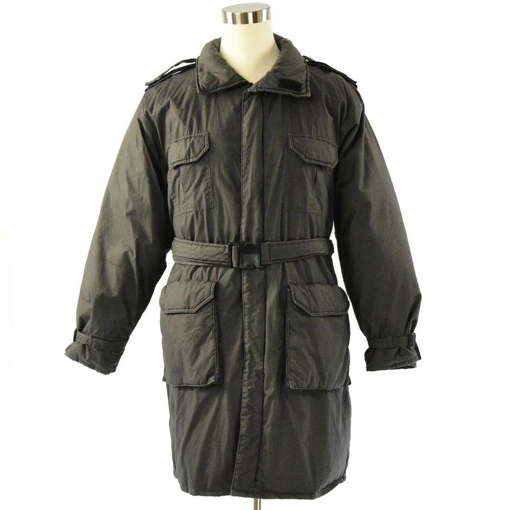 80s Vintage Down Parka Mens XL Brown Belted Utility Winter Coat Military Style
